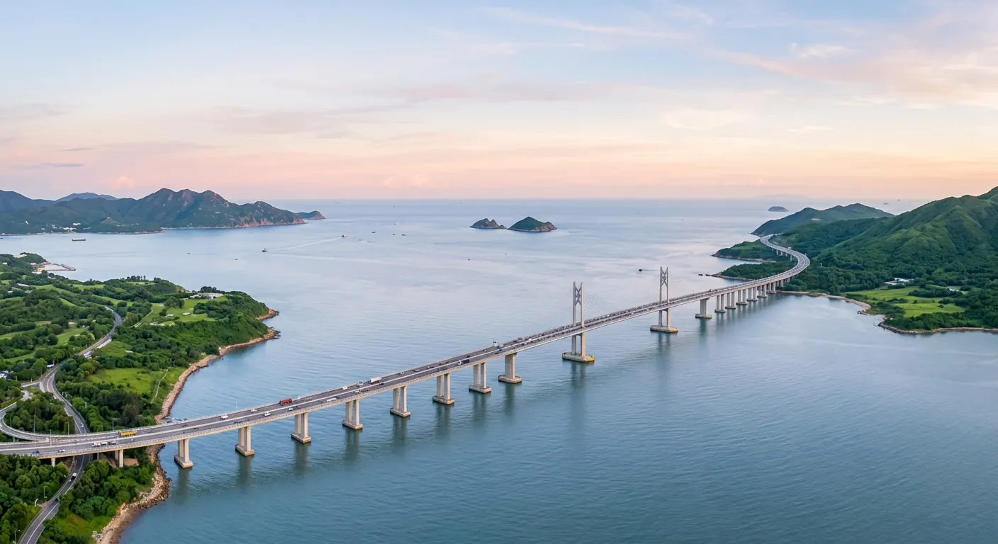 說明西南方向島嶼與跨海大橋的景觀